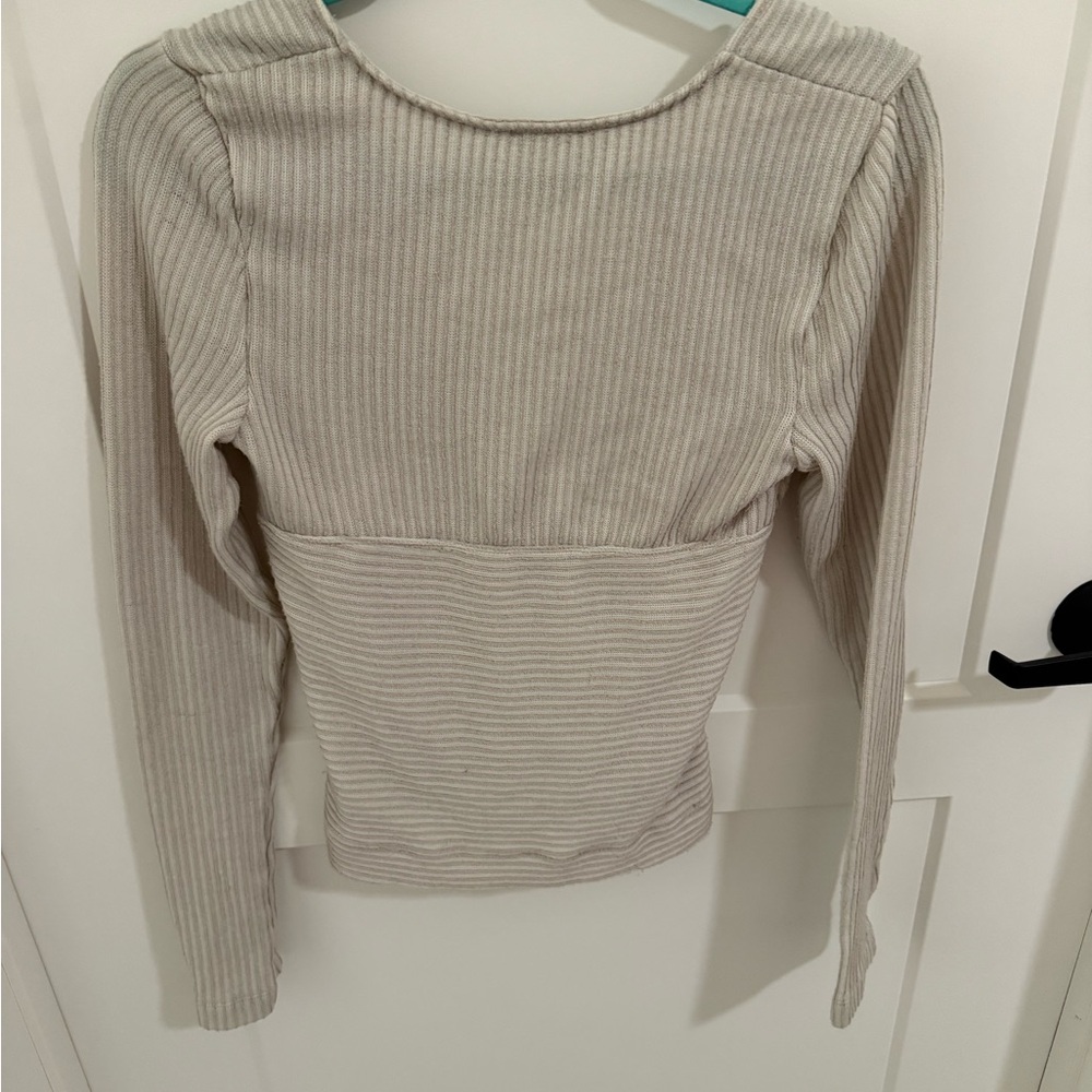 Free People Intimately Ribbed V Neck Long Sleeve Top Large Beige Fitted Boho - Picture 4 of 4